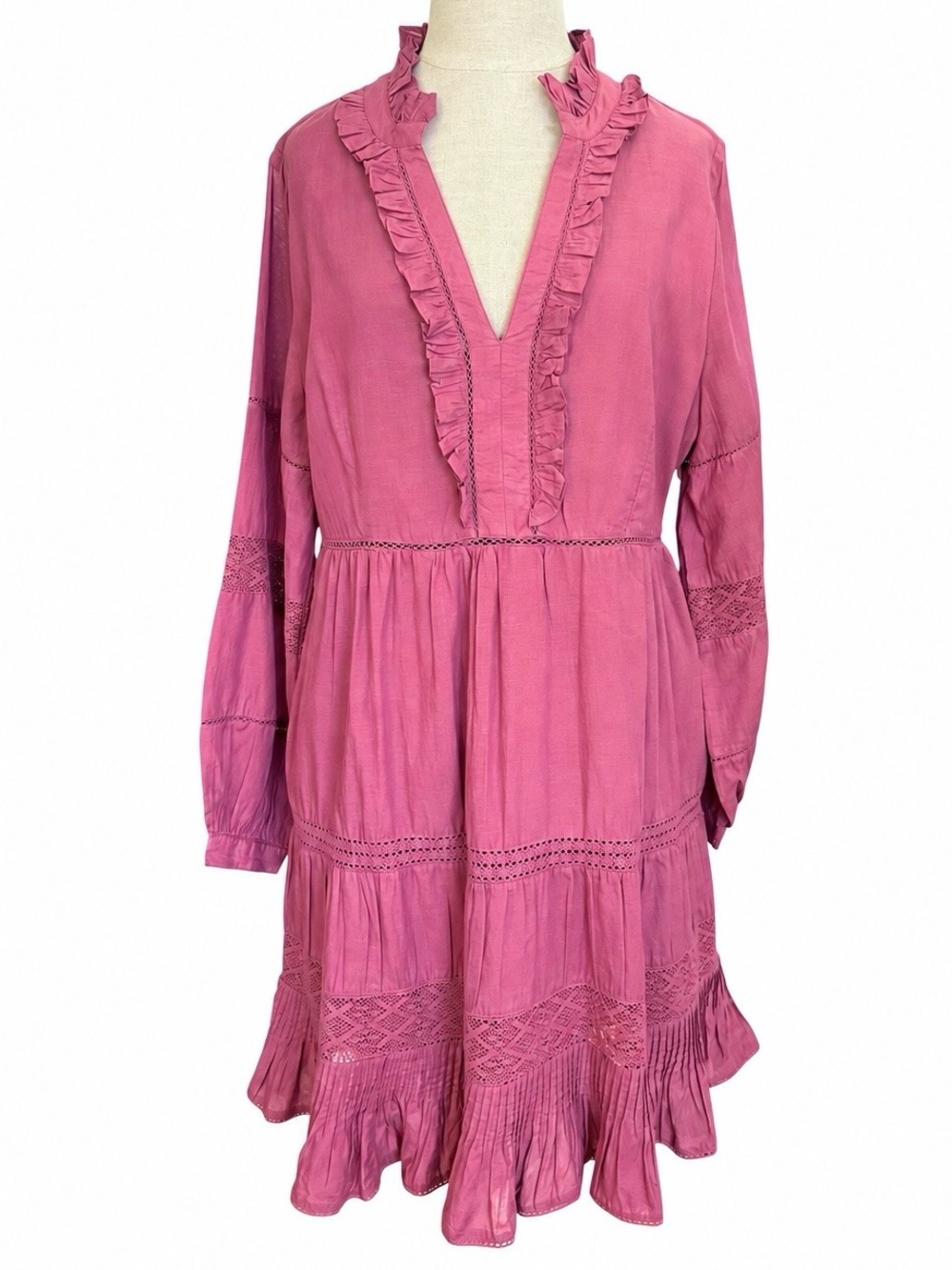 Sundance Pink Magenta Ruffle Lace Tiered Boho Midi Dress Cotton Blend Pockets M